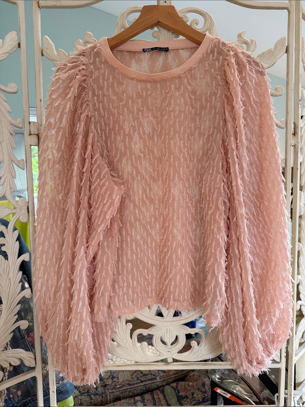 Zara Blush Pink Textured Sheer Fringe Blouse